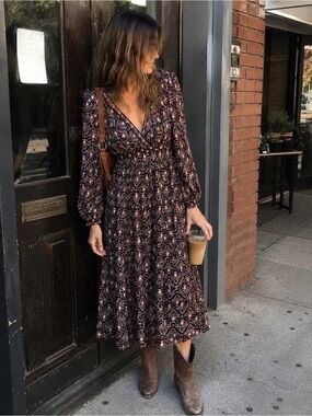 Max Studio Black Floral V-Neck Long Sleeve Midi Dress